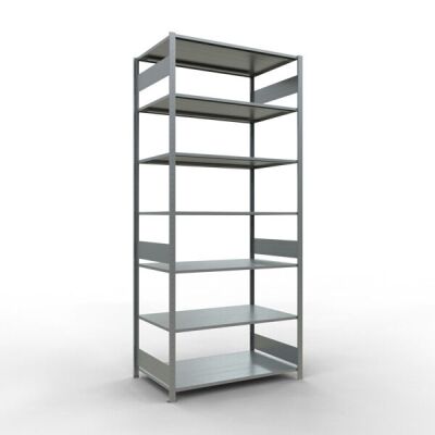 Grundregal, Fachbodenregal Stecksystem MULTIplus150, 3000 x 1300 x 800 mm (HxBxT), 7 Fachböden, Längenriegel, verzinkt