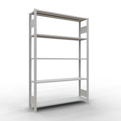 Grundregal, Fachbodenregal Stecksystem MULTIplus150, 2000 x 1300 x 300 mm (HxBxT), 5 Fachböden, Längenriegel, RAL 7035 lichtgrau