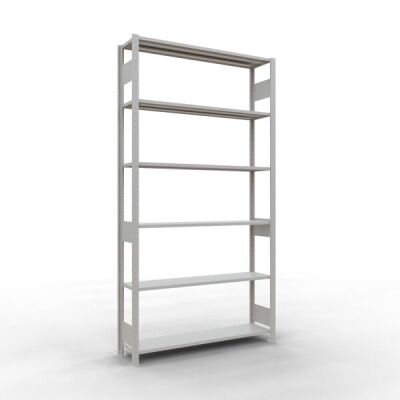 Grundregal, Fachbodenregal Stecksystem MULTIplus150, 2500 x 1300 x 300 mm (HxBxT), 6 Fachböden, Längenriegel, RAL 7035 lichtgrau