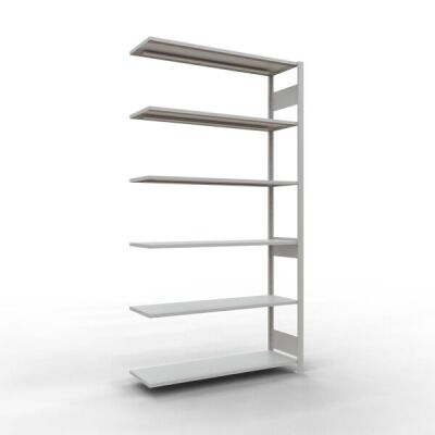 Anbauregal, Fachbodenregal Stecksystem MULTIplus150, 2500 x 1300 x 400 mm (HxBxT), 6 Fachböden, Längenriegel, RAL 7035 lichtgrau