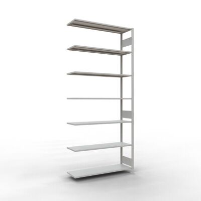 Anbauregal, Fachbodenregal Stecksystem MULTIplus150, 3000 x 1300 x 400 mm (HxBxT), 7 Fachböden, Längenriegel, RAL 7035 lichtgrau