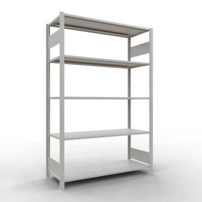 Grundregal, Fachbodenregal Stecksystem MULTIplus150, 2000 x 1300 x 500 mm (HxBxT), 5 Fachböden, Längenriegel, RAL 7035 lichtgrau