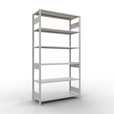 Grundregal, Fachbodenregal Stecksystem MULTIplus150, 2500 x 1300 x 500 mm (HxBxT), 6 Fachböden, Längenriegel, RAL 7035 lichtgrau