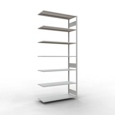 Anbauregal, Fachbodenregal Stecksystem MULTIplus150, 3000 x 1300 x 500 mm (HxBxT), 7 Fachböden, Längenriegel, RAL 7035 lichtgrau