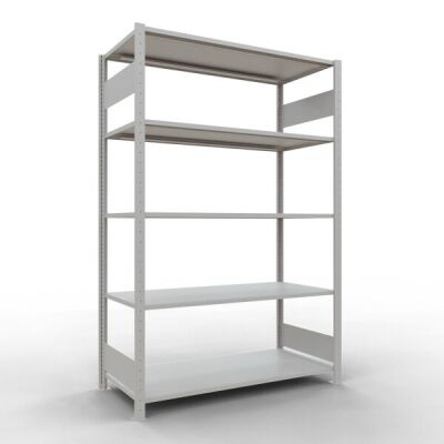 Grundregal, Fachbodenregal Stecksystem MULTIplus150, 2000 x 1300 x 600 mm (HxBxT), 5 Fachböden, Längenriegel, RAL 7035 lichtgrau