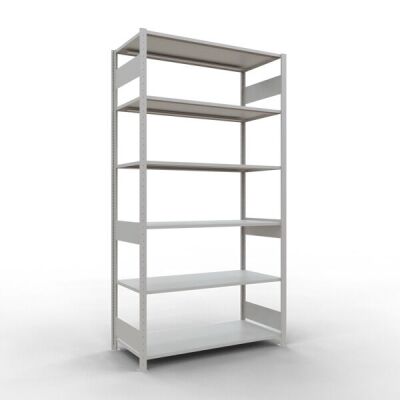 Grundregal, Fachbodenregal Stecksystem MULTIplus150, 2500 x 1300 x 600 mm (HxBxT), 6 Fachböden, Längenriegel, RAL 7035 lichtgrau