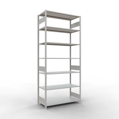 Grundregal, Fachbodenregal Stecksystem MULTIplus150, 3000 x 1300 x 600 mm (HxBxT), 7 Fachböden, Längenriegel, RAL 7035 lichtgrau