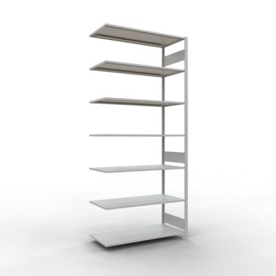 Anbauregal, Fachbodenregal Stecksystem MULTIplus150, 3000 x 1300 x 600 mm (HxBxT), 7 Fachböden, Längenriegel, RAL 7035 lichtgrau