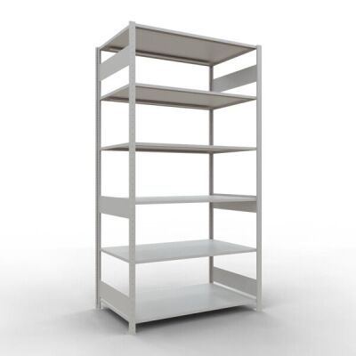 Grundregal, Fachbodenregal Stecksystem MULTIplus150, 2500 x 1300 x 800 mm (HxBxT), 6 Fachböden, Längenriegel, RAL 7035 lichtgrau