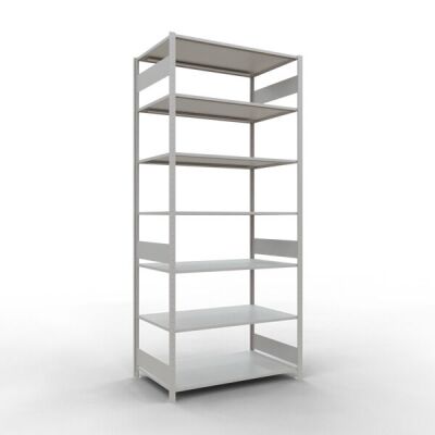 Grundregal, Fachbodenregal Stecksystem MULTIplus150, 3000 x 1300 x 800 mm (HxBxT), 7 Fachböden, Längenriegel, RAL 7035 lichtgrau