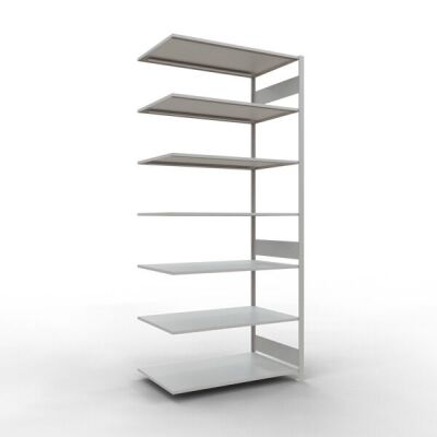 Anbauregal, Fachbodenregal Stecksystem MULTIplus150, 3000 x 1300 x 800 mm (HxBxT), 7 Fachböden, Längenriegel, RAL 7035 lichtgrau
