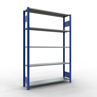 Grundregal, Fachbodenregal Stecksystem MULTIplus150, 2000 x 1300 x 300 mm (HxBxT), 5 Fachböden, Längenriegel, RAL 5010 enzianblau/verzinkt