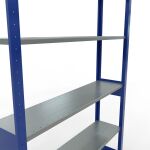 Grundregal, Fachbodenregal Stecksystem MULTIplus150, 2500 x 1300 x 300 mm (HxBxT), 6 Fachböden, Längenriegel, RAL 5010 enzianblau/verzinkt