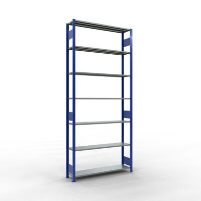 Grundregal, Fachbodenregal Stecksystem MULTIplus150, 3000 x 1300 x 300 mm (HxBxT), 7 Fachböden, Längenriegel, RAL 5010 enzianblau/verzinkt
