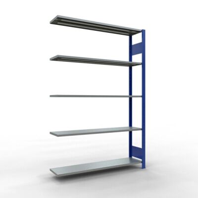 Anbauregal, Fachbodenregal Stecksystem MULTIplus150, 2000 x 1300 x 300 mm (HxBxT), 5 Fachböden, Längenriegel, RAL 5010 enzianblau/verzinkt