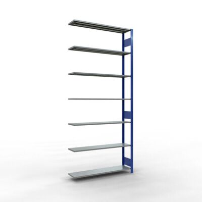 Anbauregal, Fachbodenregal Stecksystem MULTIplus150, 3000 x 1300 x 300 mm (HxBxT), 7 Fachböden, Längenriegel, RAL 5010 enzianblau/verzinkt