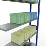 Anbauregal, Fachbodenregal Stecksystem MULTIplus150, 3000 x 1300 x 300 mm (HxBxT), 7 Fachböden, Längenriegel, RAL 5010 enzianblau/verzinkt