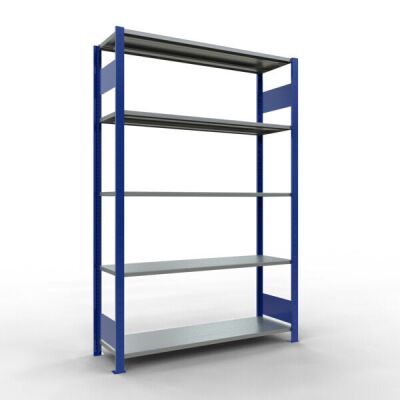 Grundregal, Fachbodenregal Stecksystem MULTIplus150, 2000 x 1300 x 400 mm (HxBxT), 5 Fachböden, Längenriegel, RAL 5010 enzianblau/verzinkt