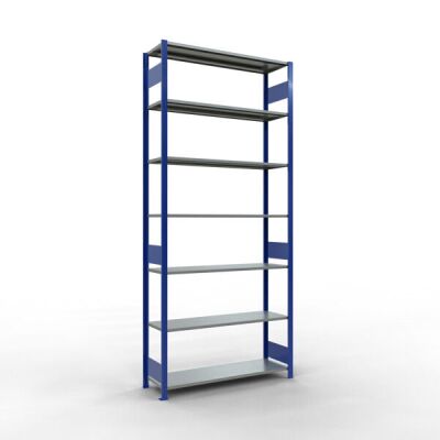 Grundregal, Fachbodenregal Stecksystem MULTIplus150, 3000 x 1300 x 400 mm (HxBxT), 7 Fachböden, Längenriegel, RAL 5010 enzianblau/verzinkt