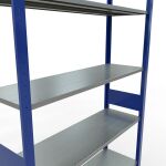 Grundregal, Fachbodenregal Stecksystem MULTIplus150, 3000 x 1300 x 400 mm (HxBxT), 7 Fachböden, Längenriegel, RAL 5010 enzianblau/verzinkt