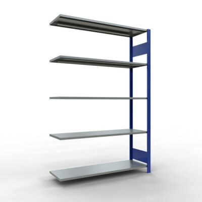 Anbauregal, Fachbodenregal Stecksystem MULTIplus150, 2000 x 1300 x 400 mm (HxBxT), 5 Fachböden, Längenriegel, RAL 5010 enzianblau/verzinkt