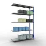 Anbauregal, Fachbodenregal Stecksystem MULTIplus150, 2000 x 1300 x 400 mm (HxBxT), 5 Fachböden, Längenriegel, RAL 5010 enzianblau/verzinkt