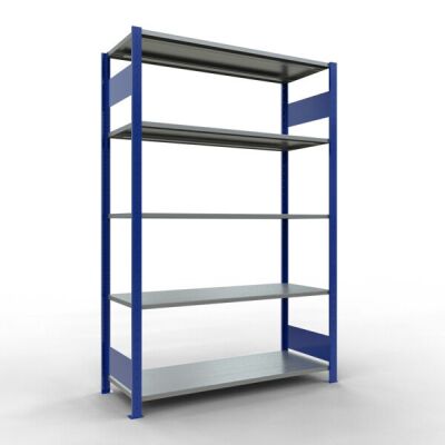 Grundregal, Fachbodenregal Stecksystem MULTIplus150, 2000 x 1300 x 500 mm (HxBxT), 5 Fachböden, Längenriegel, RAL 5010 enzianblau/verzinkt