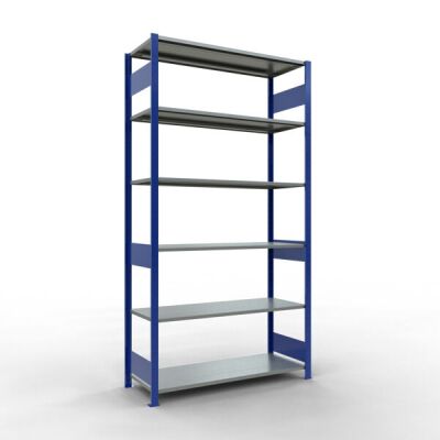 Grundregal, Fachbodenregal Stecksystem MULTIplus150, 2500 x 1300 x 500 mm (HxBxT), 6 Fachböden, Längenriegel, RAL 5010 enzianblau/verzinkt