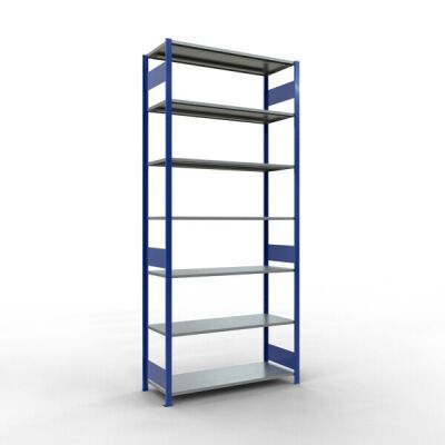 Grundregal, Fachbodenregal Stecksystem MULTIplus150, 3000 x 1300 x 500 mm (HxBxT), 7 Fachböden, Längenriegel, RAL 5010 enzianblau/verzinkt