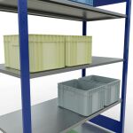 Grundregal, Fachbodenregal Stecksystem MULTIplus150, 2000 x 1300 x 600 mm (HxBxT), 5 Fachböden, Längenriegel, RAL 5010 enzianblau/verzinkt