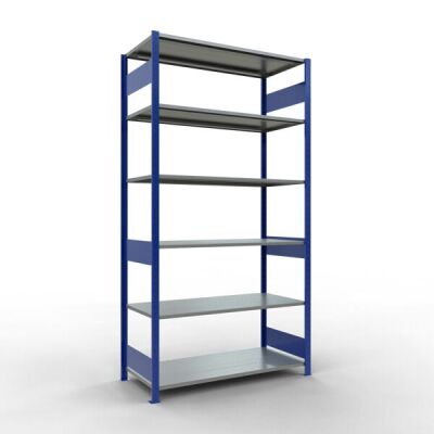 Grundregal, Fachbodenregal Stecksystem MULTIplus150, 2500 x 1300 x 600 mm (HxBxT), 6 Fachböden, Längenriegel, RAL 5010 enzianblau/verzinkt