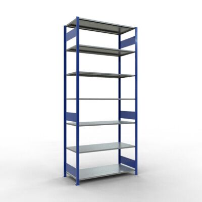 Grundregal, Fachbodenregal Stecksystem MULTIplus150, 3000 x 1300 x 600 mm (HxBxT), 7 Fachböden, Längenriegel, RAL 5010 enzianblau/verzinkt
