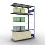 Anbauregal, Fachbodenregal Stecksystem MULTIplus150, 2000 x 1300 x 600 mm (HxBxT), 5 Fachböden, Längenriegel, RAL 5010 enzianblau/verzinkt