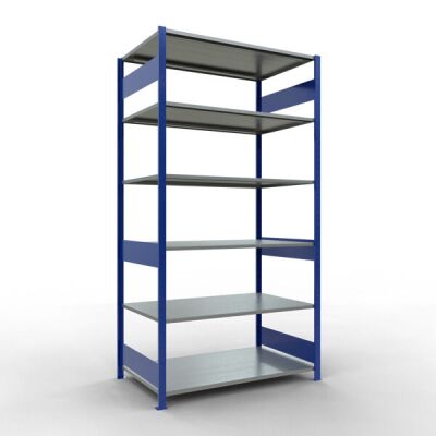 Grundregal, Fachbodenregal Stecksystem MULTIplus150, 2500 x 1300 x 800 mm (HxBxT), 6 Fachböden, Längenriegel, RAL 5010 enzianblau/verzinkt