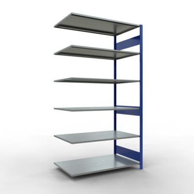 Anbauregal, Fachbodenregal Stecksystem MULTIplus150, 2500 x 1300 x 800 mm (HxBxT), 6 Fachböden, Längenriegel, RAL 5010 enzianblau/verzinkt