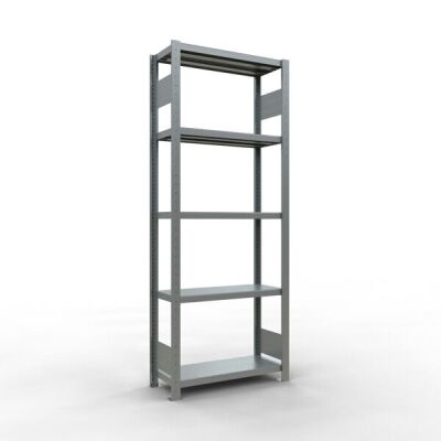 Grundregal, Fachbodenregal Stecksystem MULTIplus250, 2000 x 750 x 300 mm (HxBxT), 5 Fachböden, Längenriegel, verzinkt