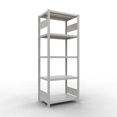 Grundregal, Fachbodenregal Stecksystem MULTIplus250, 2000 x 750 x 500 mm (HxBxT), 5 Fachböden, Längenriegel, RAL 7035 lichtgrau