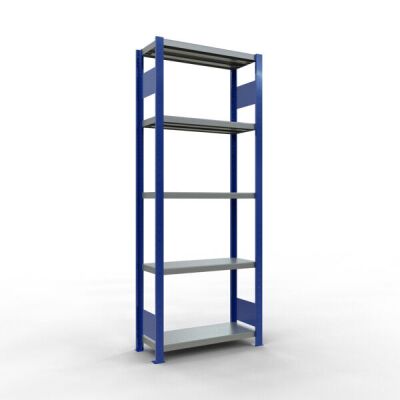Grundregal, Fachbodenregal Stecksystem MULTIplus250, 2000 x 750 x 300 mm (HxBxT), 5 Fachböden, Längenriegel, RAL 5010 enzianblau/verzinkt/verzinkt
