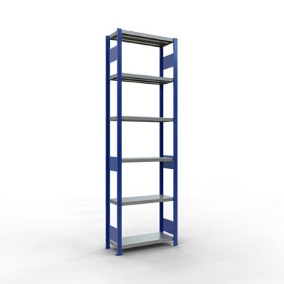 Grundregal, Fachbodenregal Stecksystem MULTIplus250, 2500 x 750 x 300 mm (HxBxT), 6 Fachböden, Längenriegel, RAL 5010 enzianblau/verzinkt/verzinkt