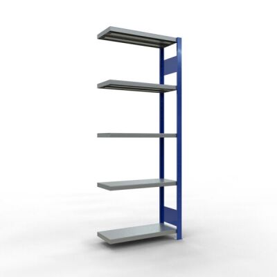 Anbauregal, Fachbodenregal Stecksystem MULTIplus250, 2000 x 750 x 300 mm (HxBxT), 5 Fachböden, Längenriegel, RAL 5010 enzianblau/verzinkt/verzinkt