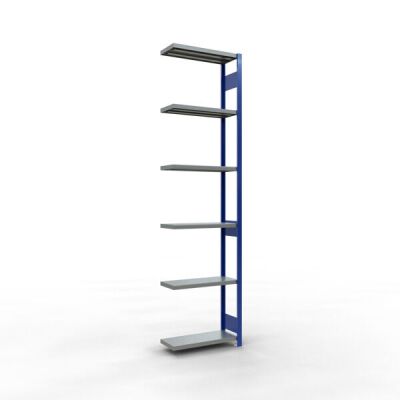 Anbauregal, Fachbodenregal Stecksystem MULTIplus250, 3000 x 750 x 300 mm (HxBxT), 7 Fachböden, Längenriegel, RAL 5010 enzianblau/verzinkt/verzinkt