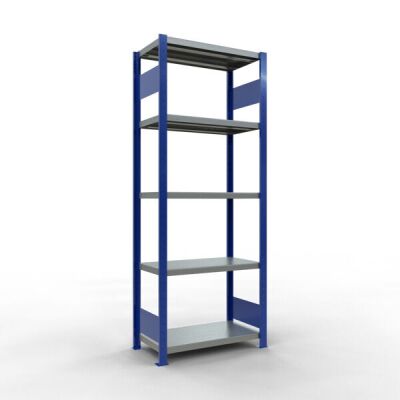 Grundregal, Fachbodenregal Stecksystem MULTIplus250, 2000 x 750 x 400 mm (HxBxT), 5 Fachböden, Längenriegel, RAL 5010 enzianblau/verzinkt/verzinkt