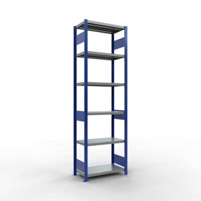Grundregal, Fachbodenregal Stecksystem MULTIplus250, 2500 x 750 x 400 mm (HxBxT), 6 Fachböden, Längenriegel, RAL 5010 enzianblau/verzinkt/verzinkt