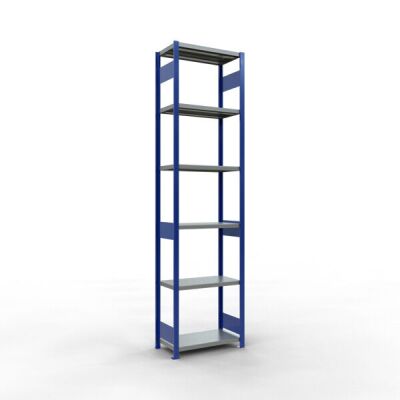 Grundregal, Fachbodenregal Stecksystem MULTIplus250, 3000 x 750 x 400 mm (HxBxT), 7 Fachböden, Längenriegel, RAL 5010 enzianblau/verzinkt/verzinkt