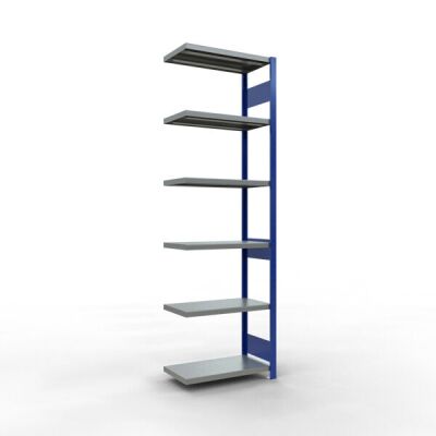 Anbauregal, Fachbodenregal Stecksystem MULTIplus250, 2500 x 750 x 400 mm (HxBxT), 6 Fachböden, Längenriegel, RAL 5010 enzianblau/verzinkt/verzinkt