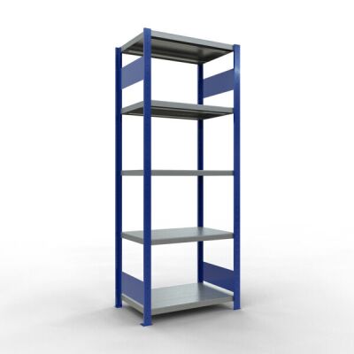 Grundregal, Fachbodenregal Stecksystem MULTIplus250, 2000 x 750 x 500 mm (HxBxT), 5 Fachböden, Längenriegel, RAL 5010 enzianblau/verzinkt/verzinkt