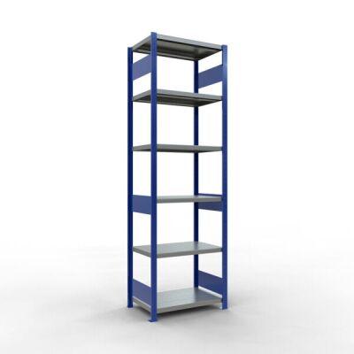 Grundregal, Fachbodenregal Stecksystem MULTIplus250, 2500 x 750 x 500 mm (HxBxT), 6 Fachböden, Längenriegel, RAL 5010 enzianblau/verzinkt/verzinkt