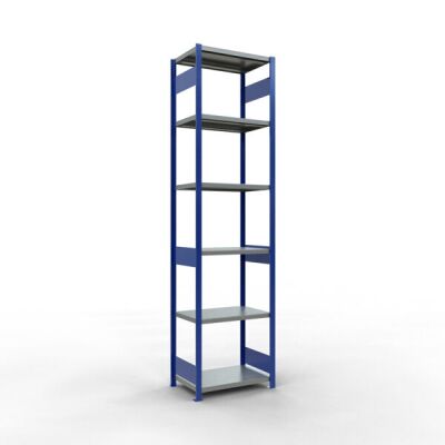 Grundregal, Fachbodenregal Stecksystem MULTIplus250, 3000 x 750 x 500 mm (HxBxT), 7 Fachböden, Längenriegel, RAL 5010 enzianblau/verzinkt/verzinkt