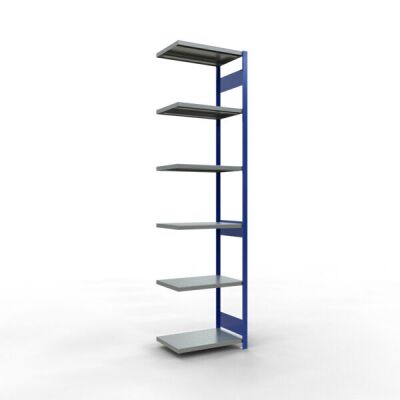 Anbauregal, Fachbodenregal Stecksystem MULTIplus250, 3000 x 750 x 500 mm (HxBxT), 7 Fachböden, Längenriegel, RAL 5010 enzianblau/verzinkt/verzinkt