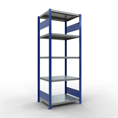 Grundregal, Fachbodenregal Stecksystem MULTIplus250, 2000 x 750 x 600 mm (HxBxT), 5 Fachböden, Längenriegel, RAL 5010 enzianblau/verzinkt/verzinkt